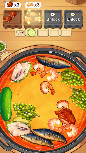 Hot pot gameplay with ingredient selections and a serving tray